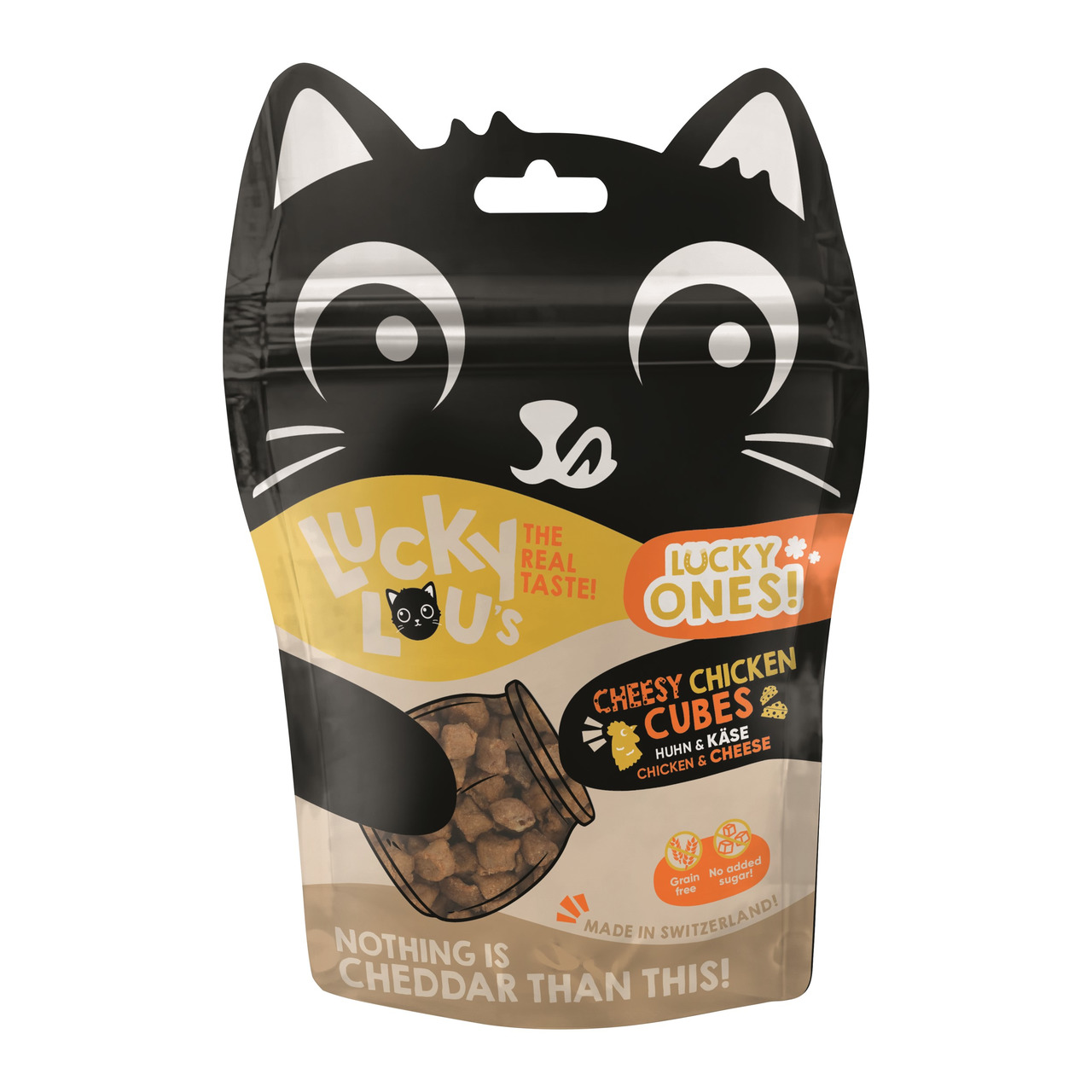 Lucky Lou's Cheesy Chicken Cubes Katzensnack, Huhn & Käse, getreidefrei, ohne Zuckerzusatz, 50 g.