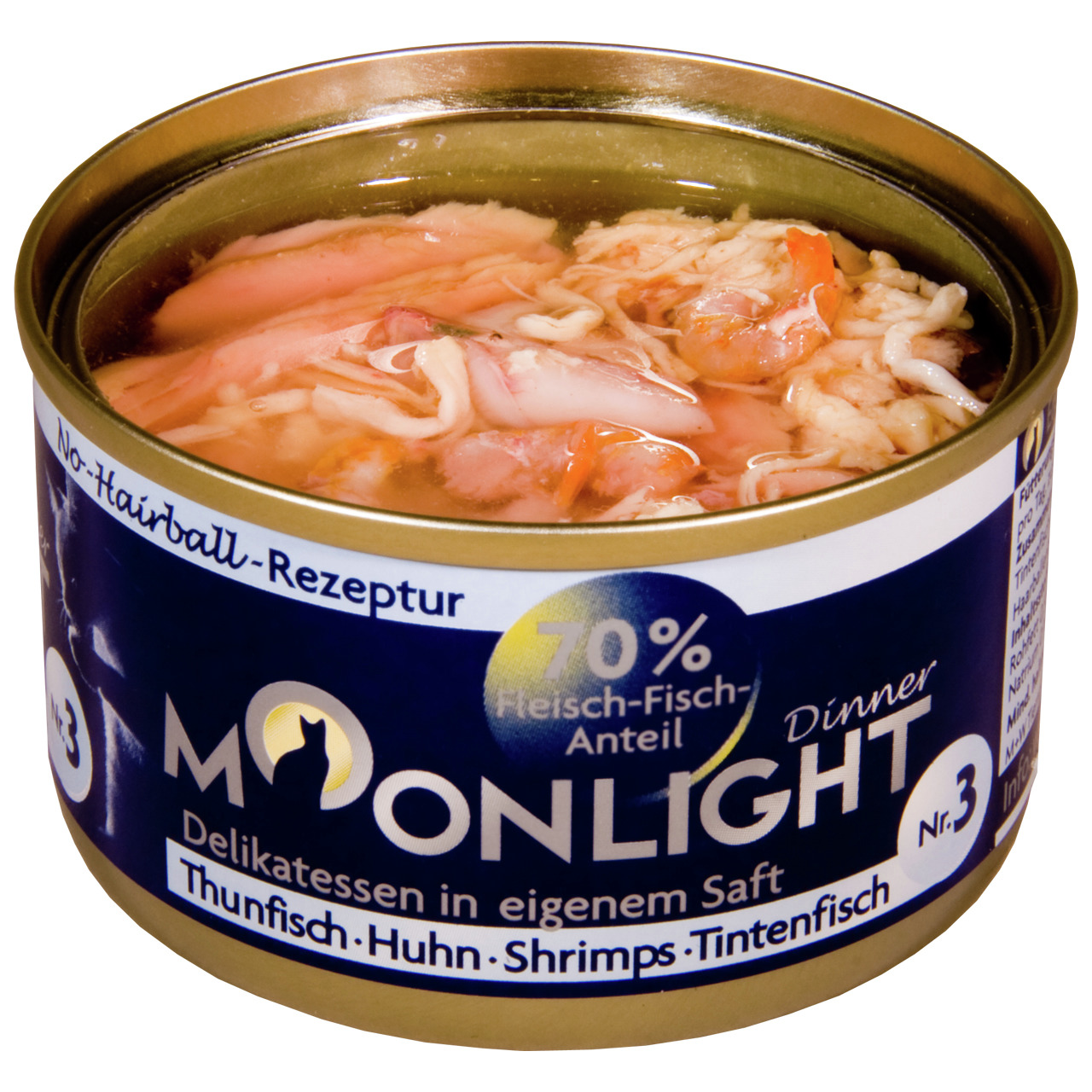 Sparpaket 48 x 80 g Moonlight Dinner Nr. 3 Thunfisch, Huhn, Shrimps und Tintenfisch in eigenem Saft Katzen Nassfutter