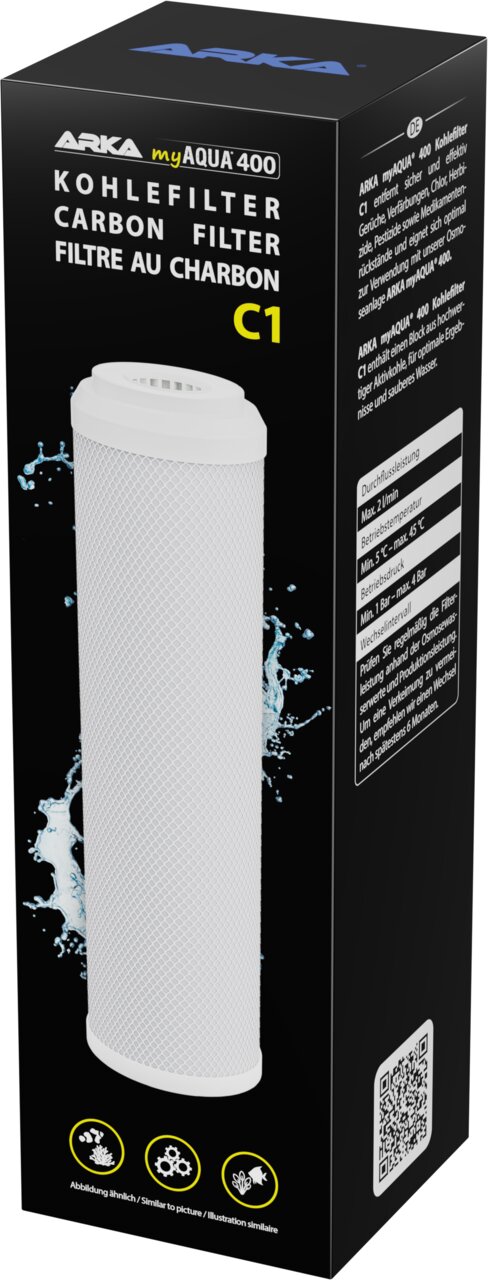 ARKA myAQUA 400 Kohlefilter (C1), Wasseraufbereitung, entfernt Schadstoffe, 2 L-Min, 5-45 °C, schwarze Verpackung, weißes Filterelement.
