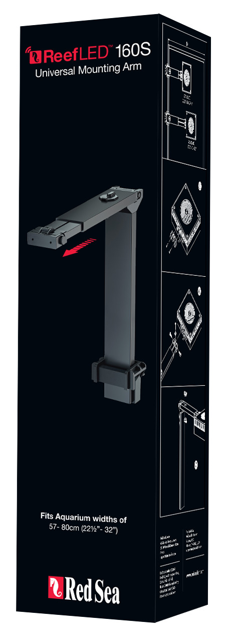 Das Bild zeigt die Verpackung des Produkts „ReefLED 160S Universal Mounting Arm“ der Marke Red Sea. Es handelt sich um eine universelle Halterung für Aquarienlampen, geeignet für Aquarienbreiten von 57 bis 80 cm. Die Verpackung ist dunkel gestaltet und ze
