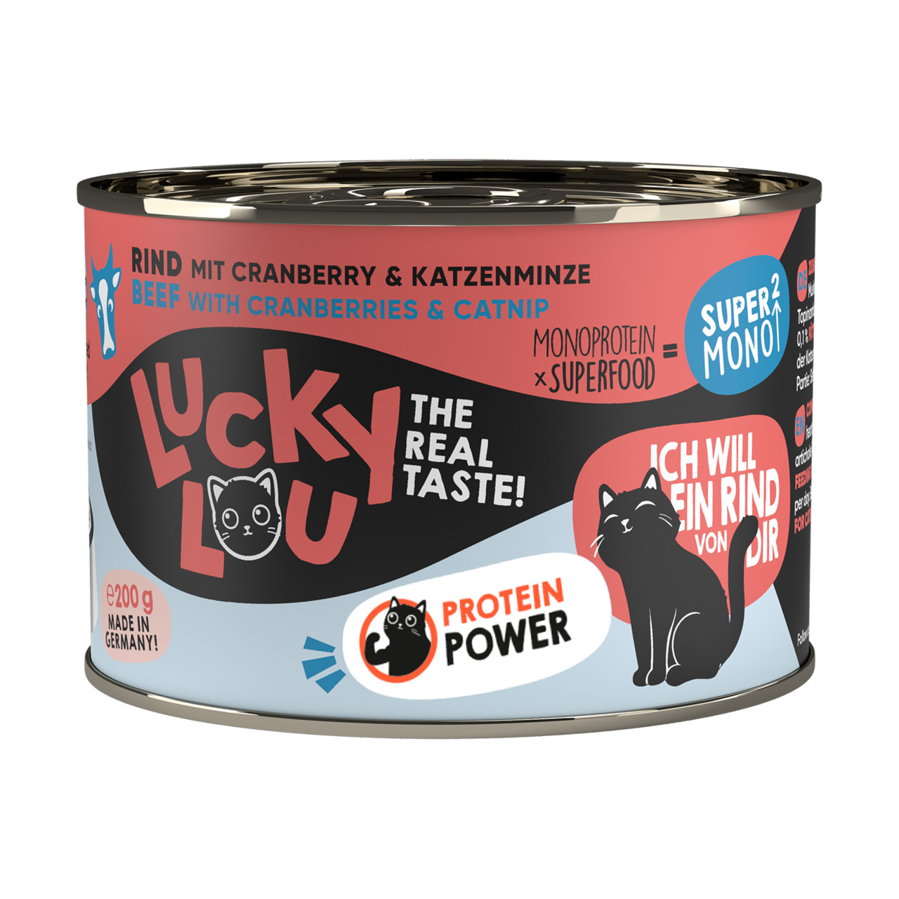 Dose des Katzenfutters „Lucky Lou – The Real Taste!“ mit Rind, Cranberry und Katzenminze. Zielgruppe: Katzen. Geschmacksrichtung: Rind mit Superfood-Zutaten. Enthält Monoprotein und verspricht „Protein Power“. Menge: 200 g. Hergestellt in Deutschland. Ver
