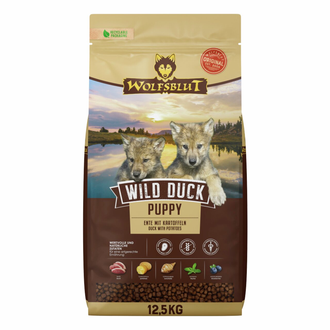 WOLFSBLUT Wild Duck Puppy, 12,5 kg, getreidefreies Premiumfutter für Welpen/Junghunde, Entenfleisch, Kartoffeln, Süßkartoffeln, Kürbis, Heidelbeeren.