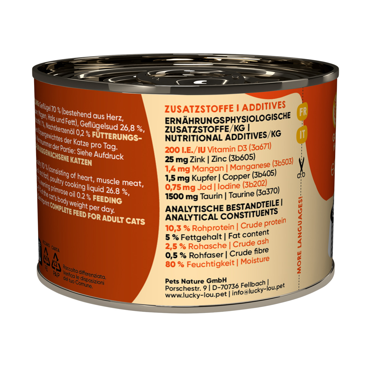 Lucky Lou Katzenfutter, Geflügel (70 %: Herz, Muskelfleisch, Leber), 200 g, für ausgewachsene Katzen, mit Vit. D3, Zink, Kupfer, Taurin.