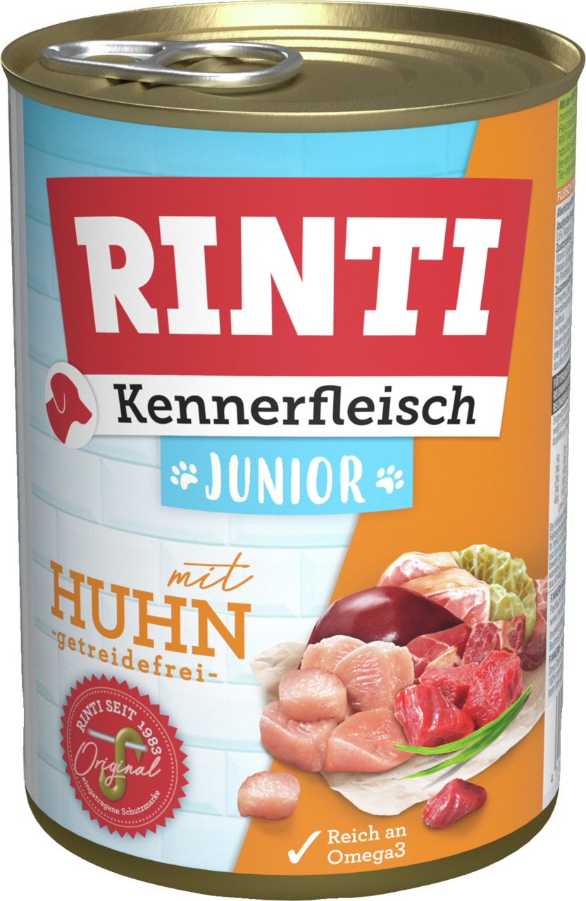 RINTI Kennerfleisch Junior, Huhn, getreidefrei, für junge Hunde, reich an Omega-3, 400 g.