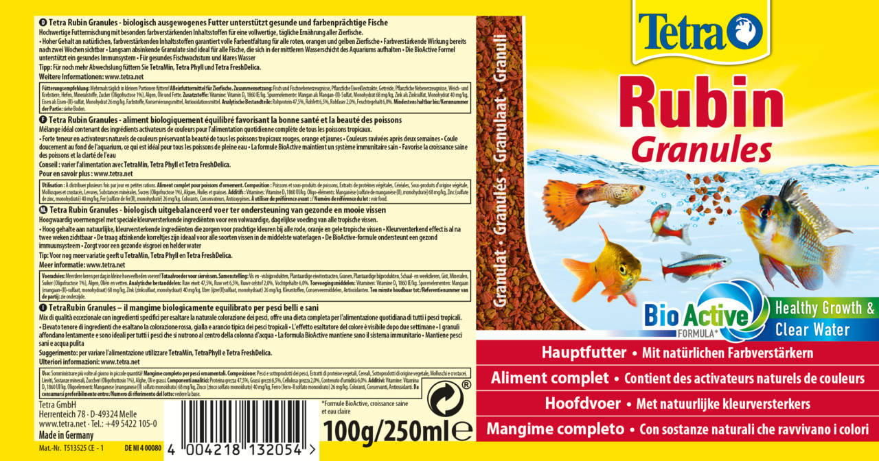 Tetra Rubin Granules, Hauptfutter für tropische Zierfische, mit Farbverstärkern & BioActive-Formel, 100 g-250 ml.