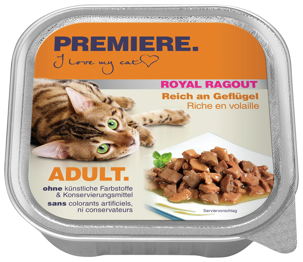 PREMIERE Royal Ragout Geflügel, für ausgewachsene Katzen, ohne künstl. Farb--Konservierungsstoffe, silberne Schale, Adult.