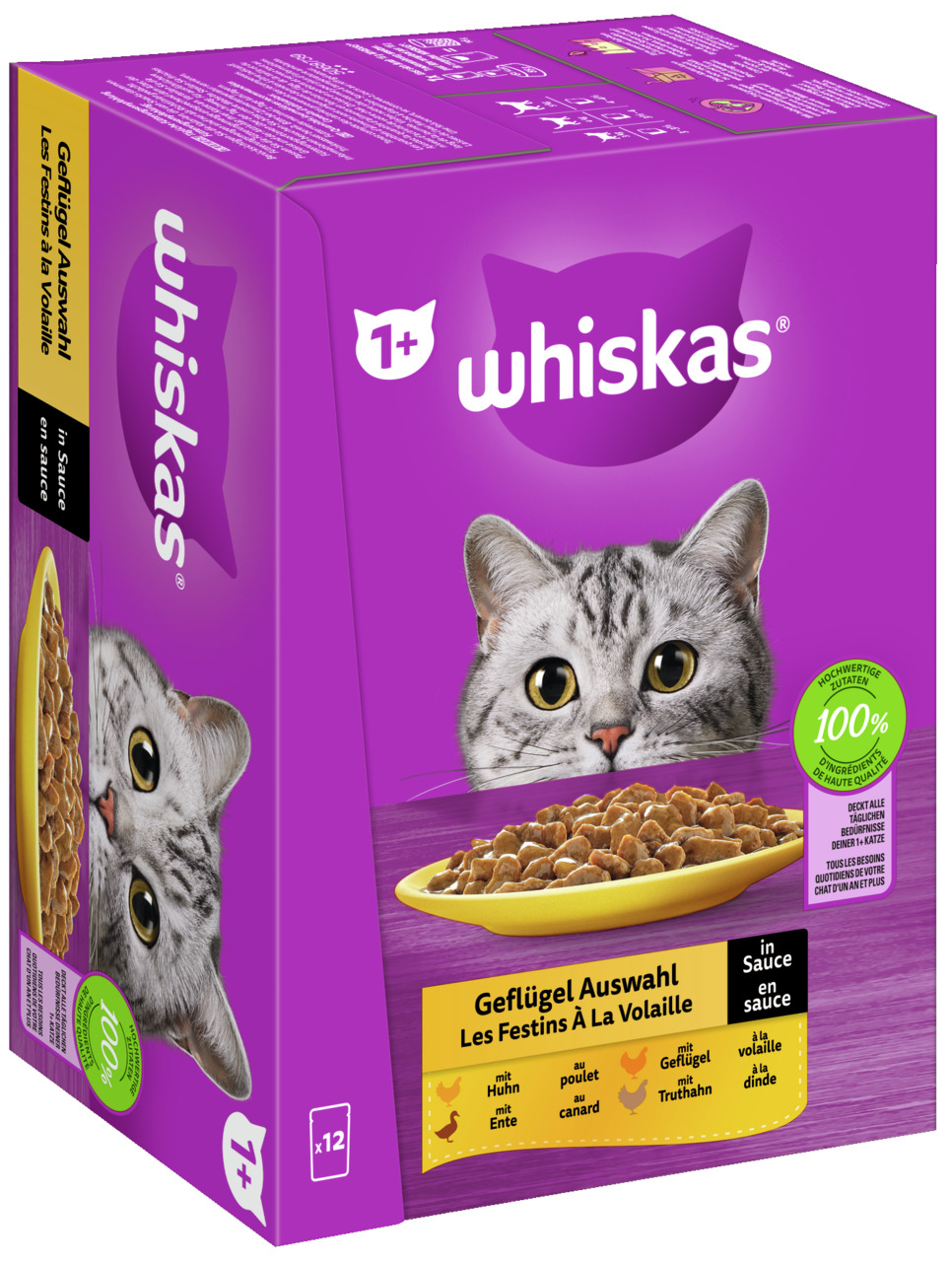 Whiskas Geflügel Auswahl in Sauce, für Katzen ab 1 Jahr, Geschmacksr.: Huhn, Ente, Pute, Truthahn, 12 Beutel, saftiges Nassfutter.