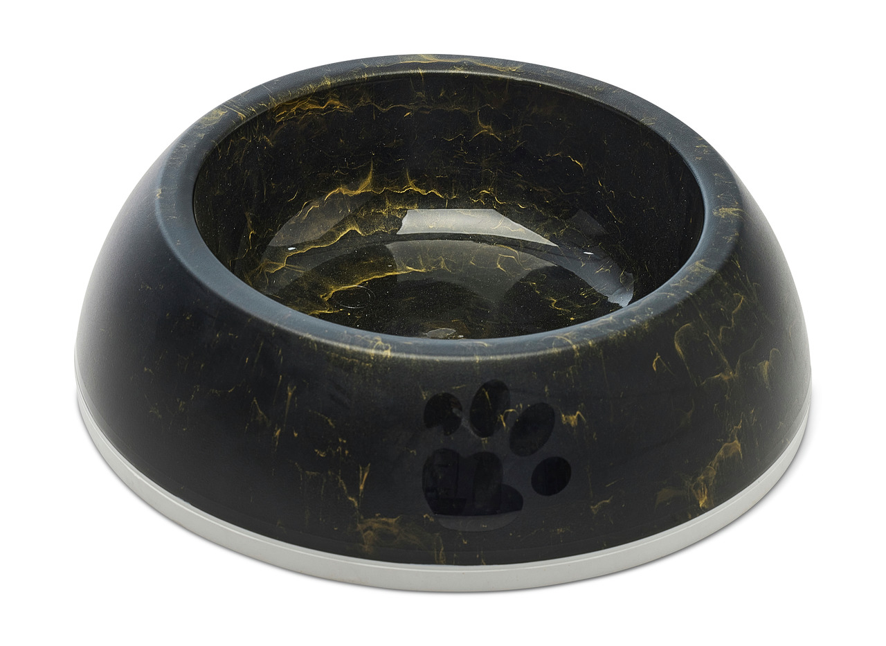 SAVIC Futternapf, schwarz mit gold. Marmormuster & Pfotenabdruck, für Hunde-Katzen, rutschfest, Kunststoff, ideal für Wasser-Futter.