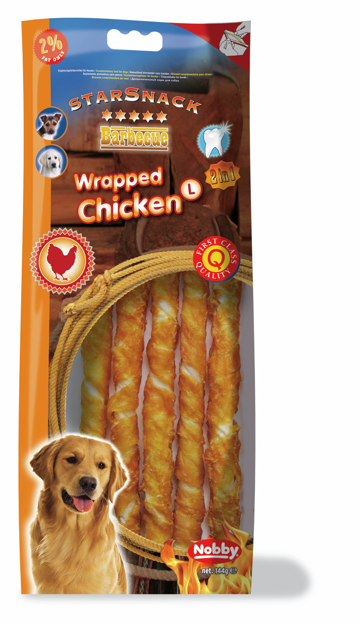 Nobby StarSnack Barbecue Wrapped Chicken L: Hundesnack für ausgewachsene Hunde, Huhn, 144 g, 2 % Fett, 2in1 Zahnpflege & Genuss.