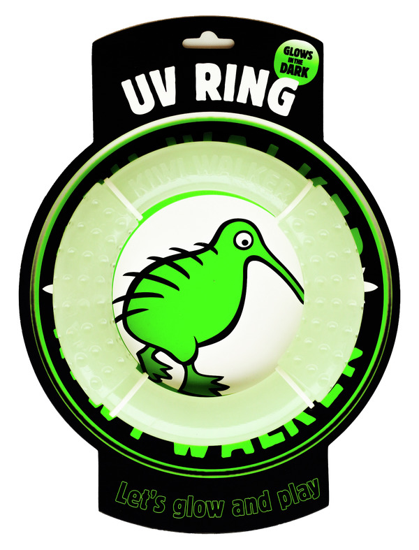 Kiwi Walker UV Ring, Spielzeug für Hunde, transparent-grün, Noppen, „Glows in the Dark“, „Let’s glow and play“, interaktives Spielen.