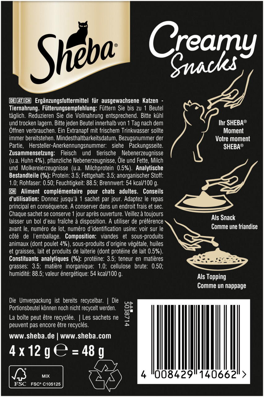 Sheba Creamy Snacks, Ergänzungsfutter für ausgewachsene Katzen, Huhn, 4x12g (48g), als Belohnung oder Topping geeignet.