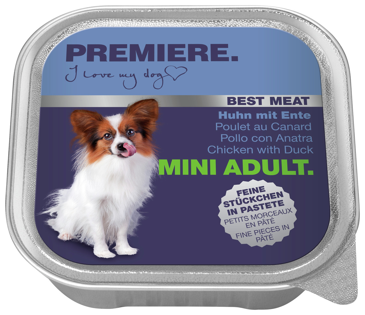 PREMIERE BEST MEAT Mini Adult, Nassfutter für kleine, ausgewachsene Hunde, Huhn & Ente, "Feine Stückchen in Pastete".