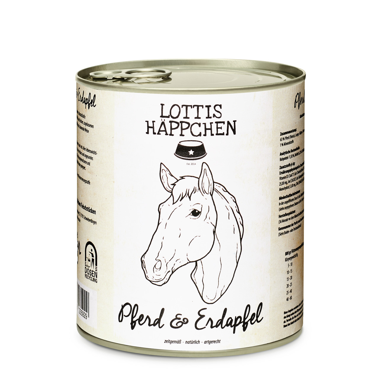 Eine Dose des Tierfutterprodukts „Lottis Häppchen“ mit der Geschmacksrichtung Pferd & Erdapfel. Zielgruppe sind Hunde. Die Verpackung zeigt eine Illustration eines Pferdekopfes und enthält Angaben wie „zeitgemäß – natürlich – artgerecht“. Die Menge beträg
