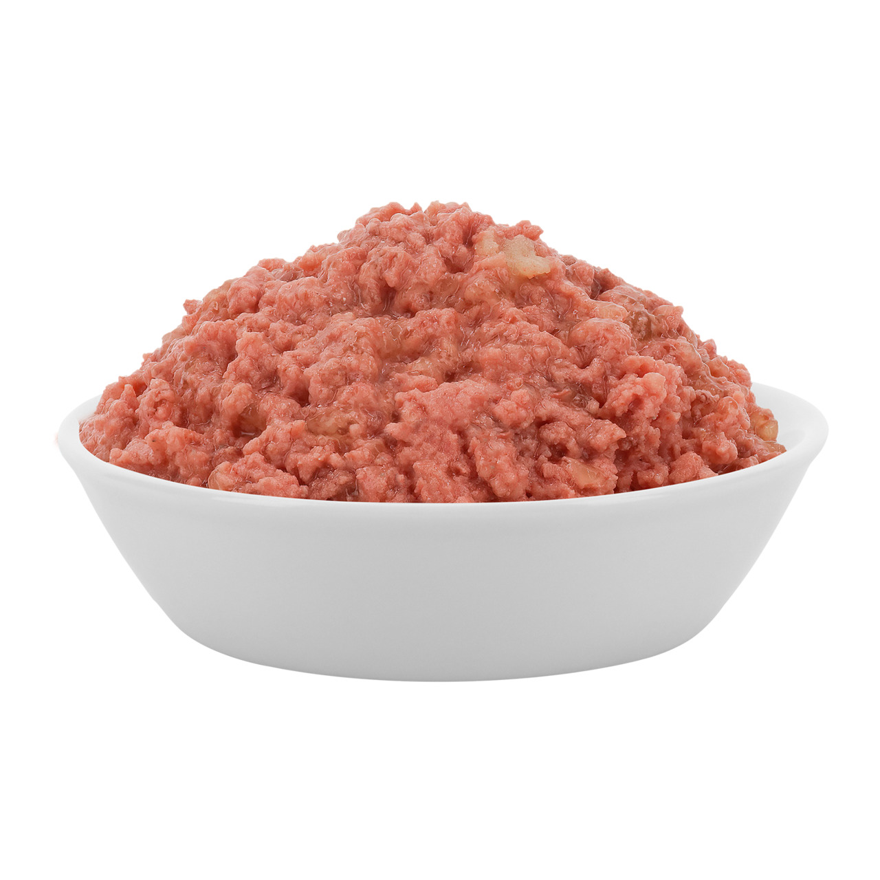 Eine weiße Schale, gefüllt mit Lucky Lou Nassfutter für Hunde, Geschmacksrichtung Rind. Das Futter ist fein zerkleinert und hat eine fleischige, saftige Konsistenz. Geeignet für ausgewachsene Hunde. Verpackungsgröße und weitere Details sind auf dem Bild n