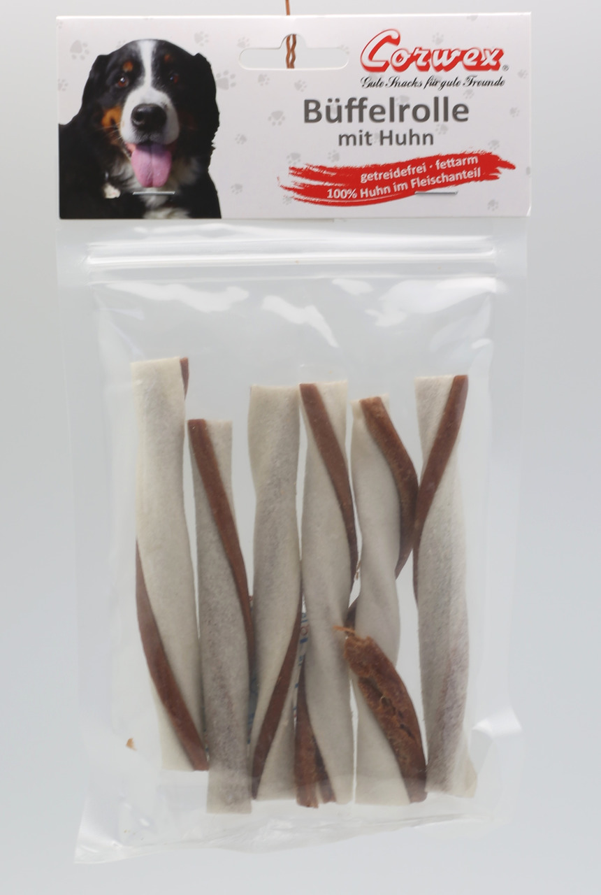 Corwex Büffelrolle mit Huhn, Kausnack für Hunde, fettarm & getreidefrei, 100 % Huhn, mehrere gedrehte Snacks in der Packung.
