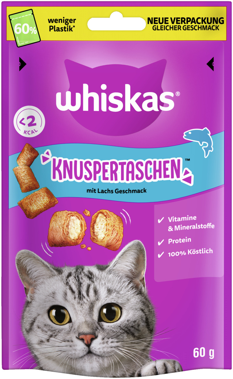 Whiskas Knuspertaschen, Katzen, Lachs, Vitamine & Mineralstoffe, Protein, 100% köstlich, 60 g.