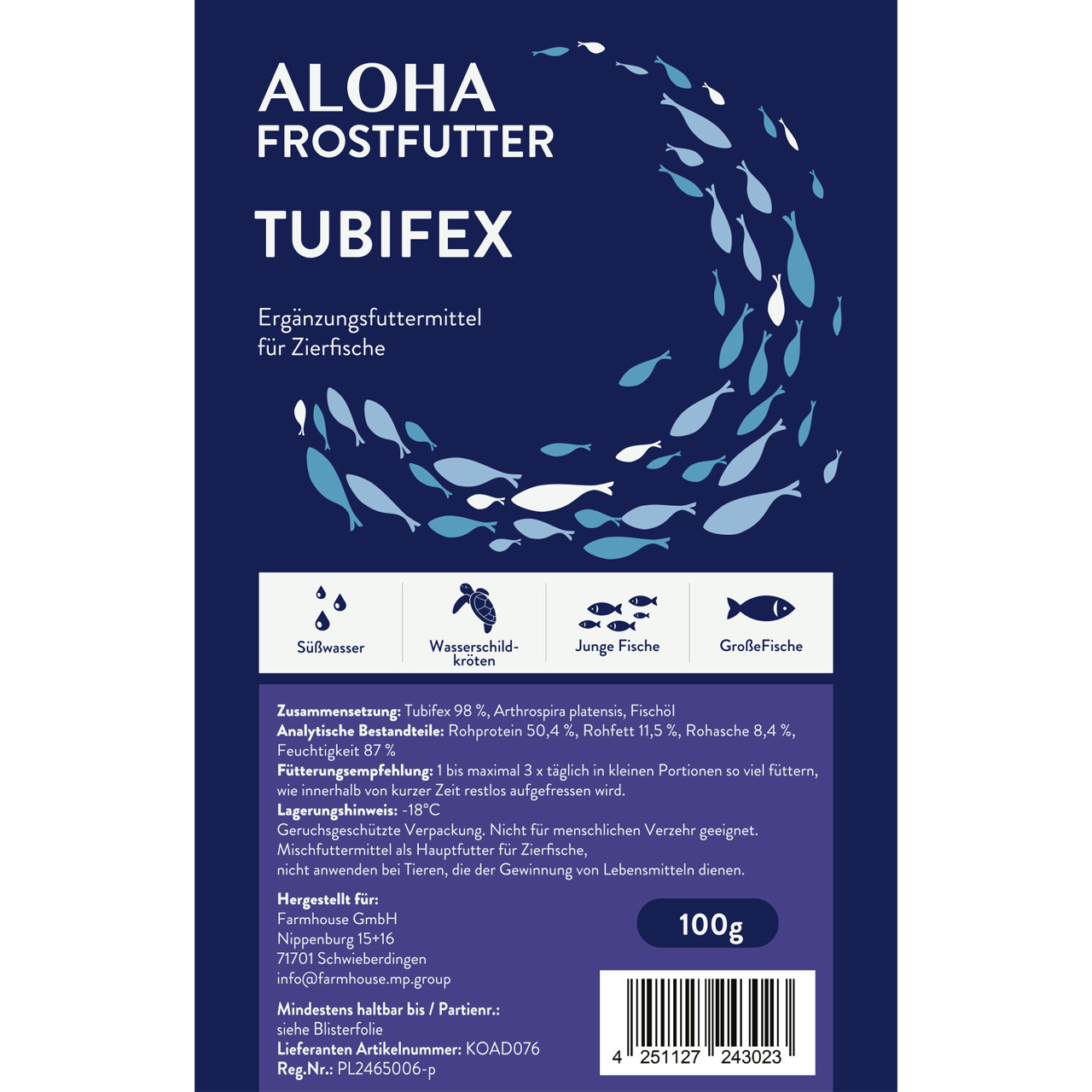 ALOHA Frostfutter Tubifex, Ergänzungsfutter für Süßwasserfische, Schildkröten & junge-große Fische, 100 g, tiefgekühlt, proteinreich.