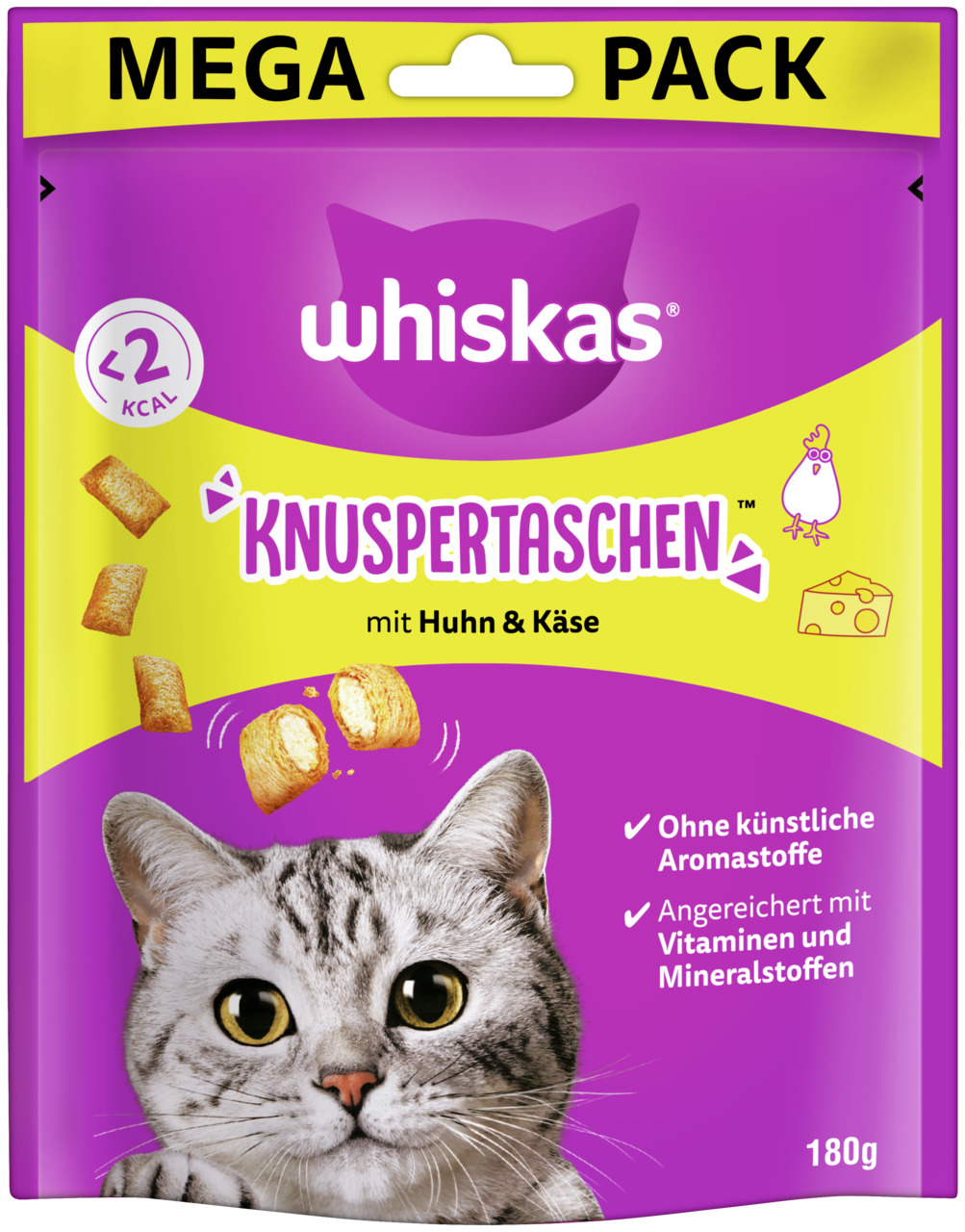 Whiskas Knuspertaschen Huhn & Käse, Katzen-Snack, 