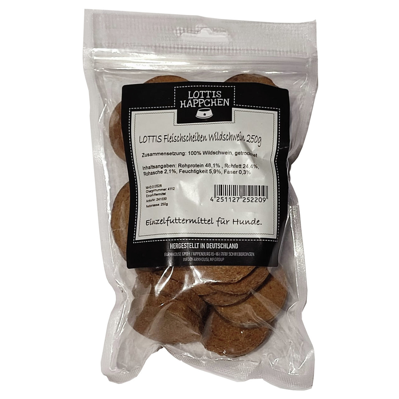 LOTTIS HÄPPCHEN, 250 g Wildschwein, Einzelfuttermittel für Hunde, nat. & hochwertig, für Hundehalter, hergestellt in Deutschland.