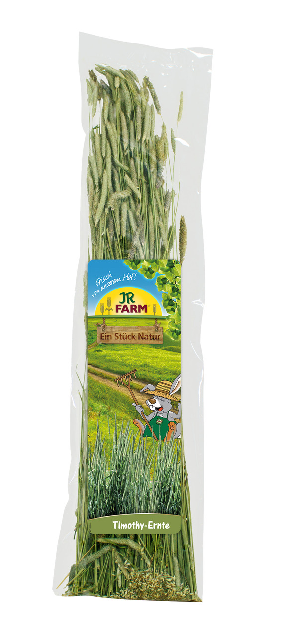 JR FARM Timothy-Ernte, Futtermittel für Kaninchen & Nager, Timothy-Gras, "Frisch vom eigenen Hof", "Ein Stück Natur", Menge sichtbar.