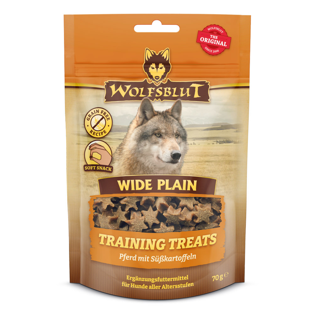 Wolfsblut Wide Plain Training Treats für Hunde, Pferd & Süßkartoffeln, Grain Free, Soft Snack, 70 g, für alle Altersstufen.