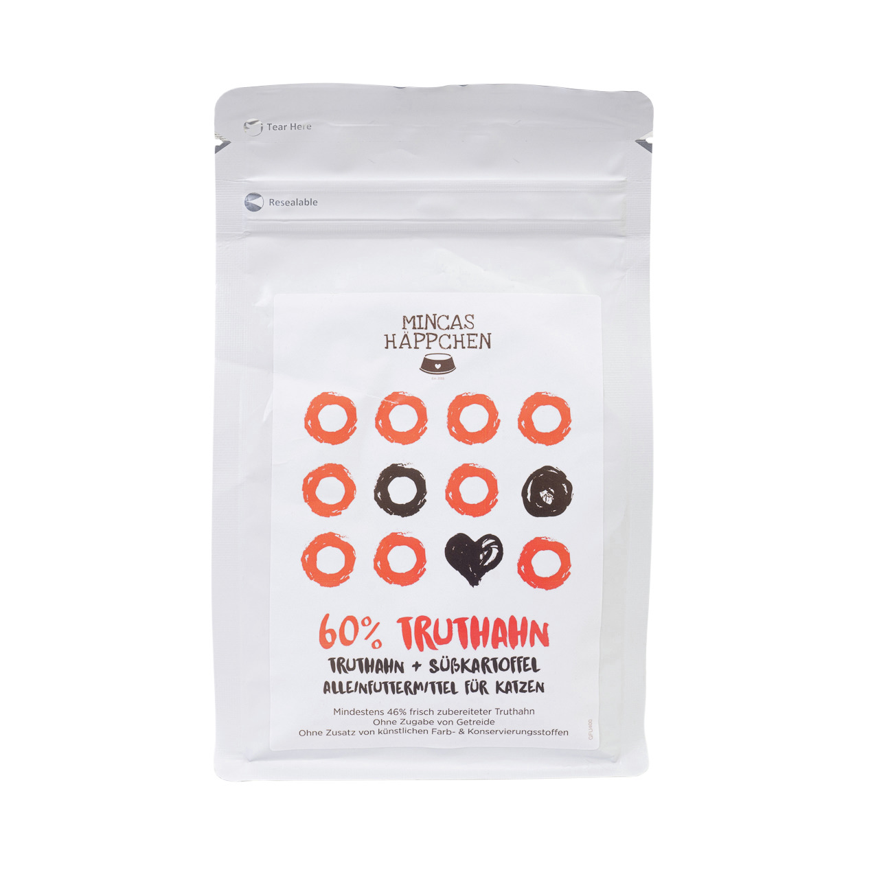 Mincas „MINCAS HÄPPCHEN“ Katzenfutter, Truthahn & Süßkartoffel, 60 % Truthahn, getreidefrei, ohne künstl. Farb-/Konservierungsstoffe.
