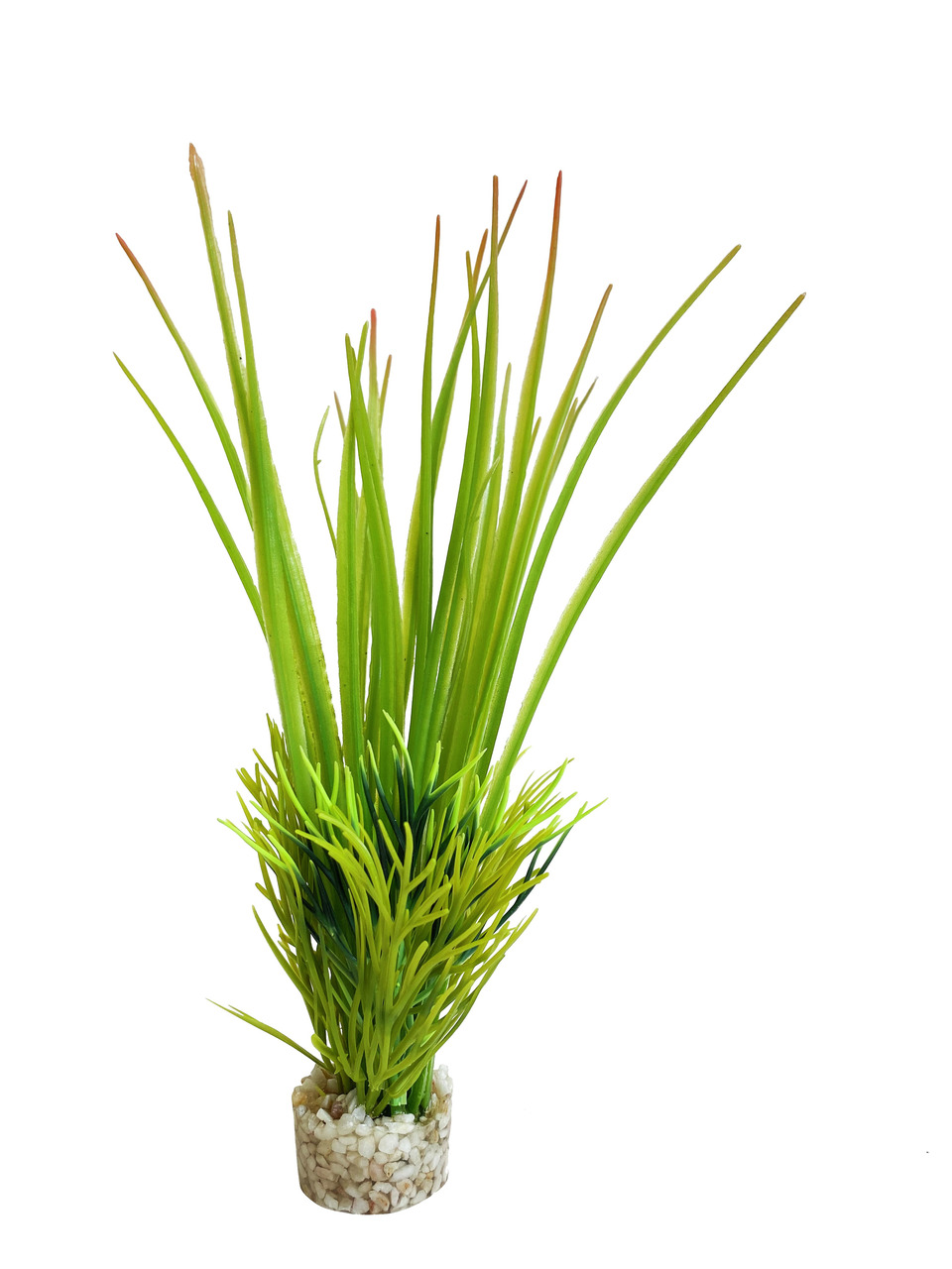 Künstliche Aquariumpflanze der Marke Sydeco, geeignet für Aquarienliebhaber und Zierfischhalter. Das Produkt zeigt eine realistisch gestaltete grüne Pflanze mit langen, schmalen Blättern und einem stabilen Sockel aus kleinen Kieselsteinen. Perfekt zur Dek