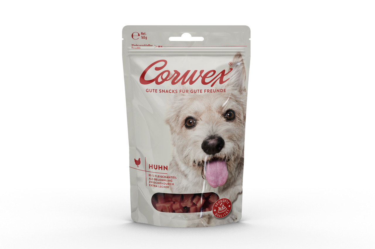 Das Bild zeigt eine Verpackung der Marke Corwex mit der Aufschrift „Gute Snacks für gute Freunde“. Es handelt sich um Hundesnacks mit Huhn-Geschmack, geeignet für Hunde. Die Verpackung enthält 165 g und ist wiederverschließbar. Der Text hebt 85 % Fleischa