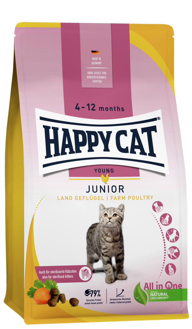 HAPPY CAT Junior Land Geflügel, für junge Katzen (4-12 Mon.), sterilisiert geeignet, 79 % tierisches Protein, harmonisches Wachstum.