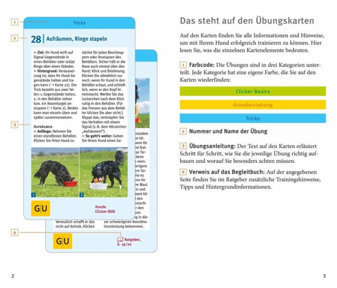 GU-Ratgeber Hundetraining: Übungskarten "Tricks" - "Aufräumen, Ringe stapeln". Schwarzer Hund zeigt Übung. Mit Anleitungen & Buchverweis.