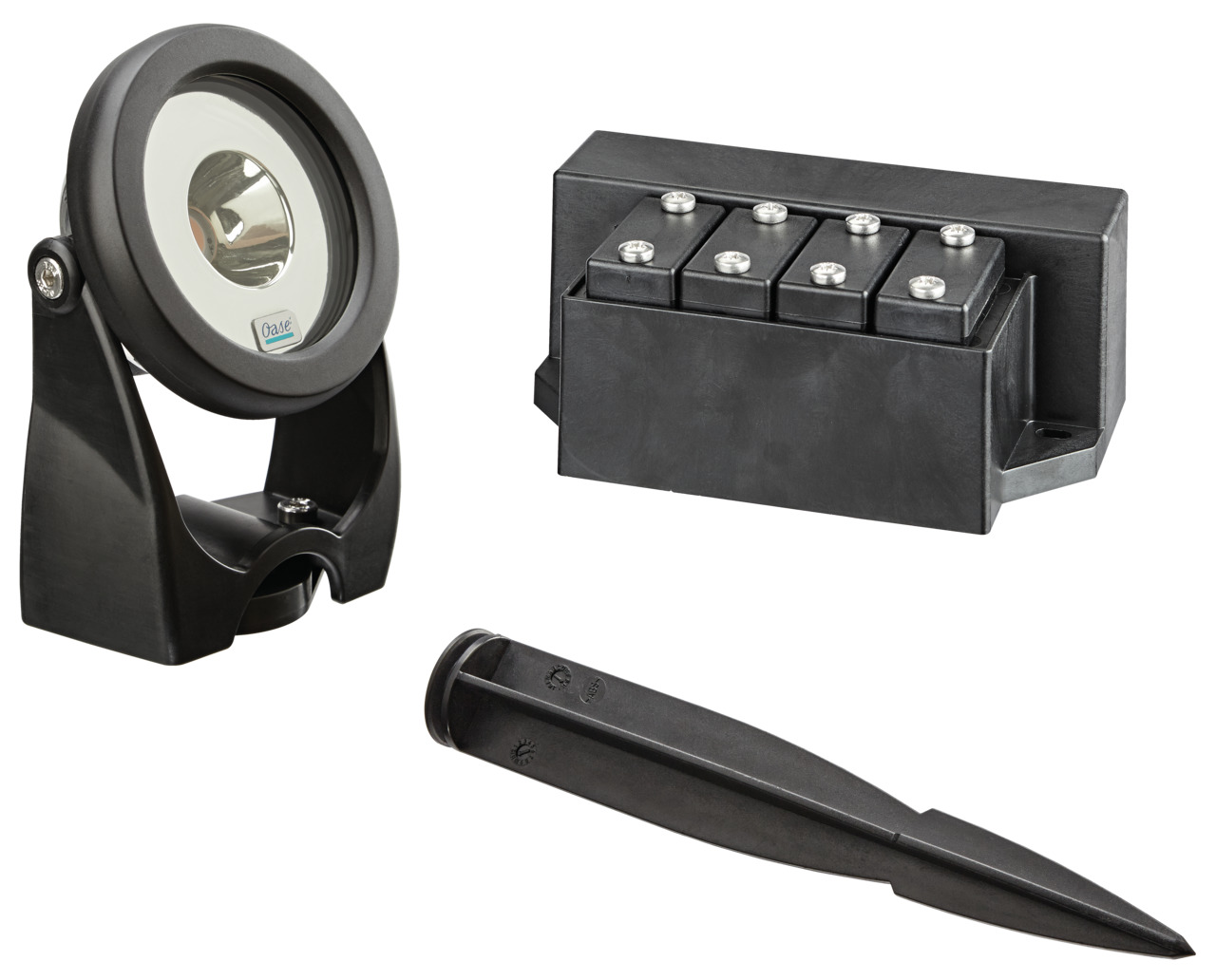 Oase LunAqua Classic LED-Set 1: LED-Strahler für Garten-Teich, robust, schwarz, inkl. Erdspieß & Verteilerkasten.