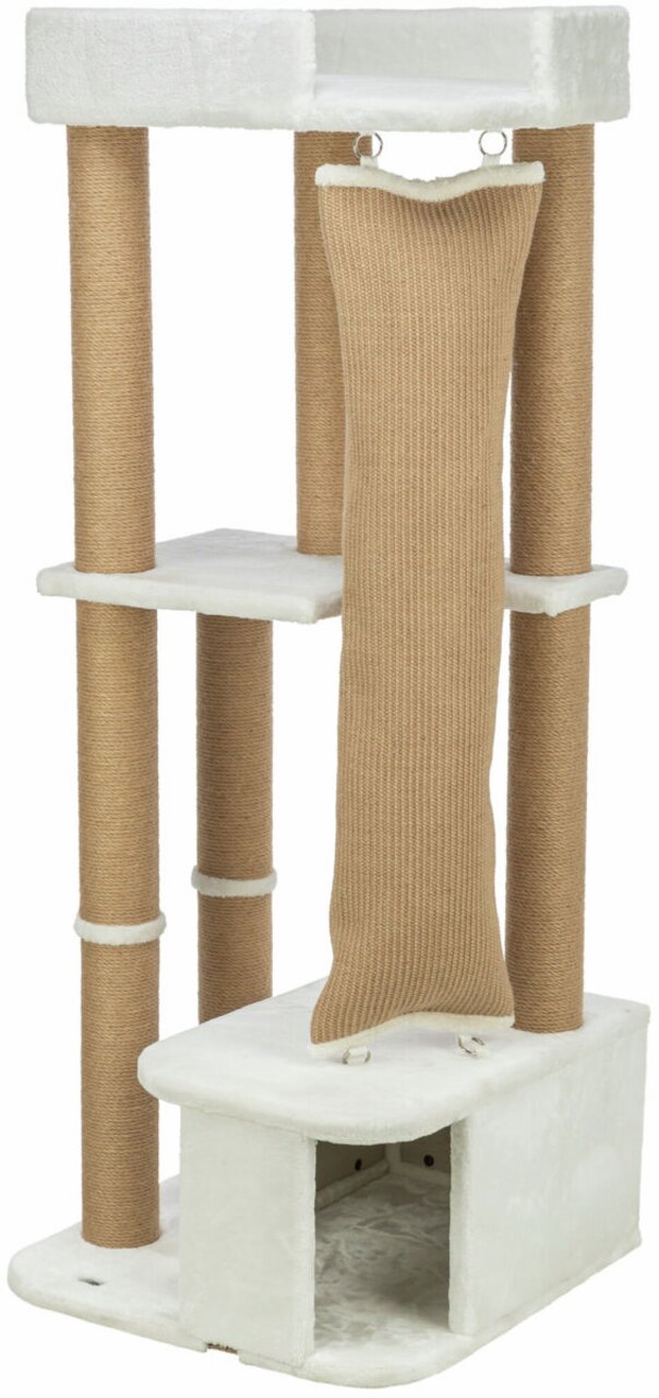 Ein Kratzbaum der Marke TRIXIE, Modell "Juma", speziell für Katzen. Der Kratzbaum besteht aus mehreren Ebenen mit Sisal umwickelten Säulen, einer Höhle und einer Hängematte. Er ist in Beige und Weiß gehalten und bietet Katzen eine ideale Möglichkeit zum K