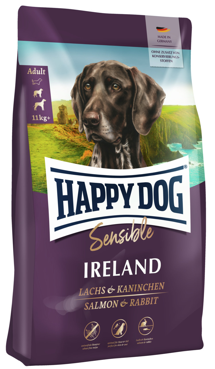 HAPPY DOG Sensible Ireland, Adult Hunde ab 11 kg, Lachs & Kaninchen, ohne Konservierungsstoffe, Made in Germany, lila Verpackung.