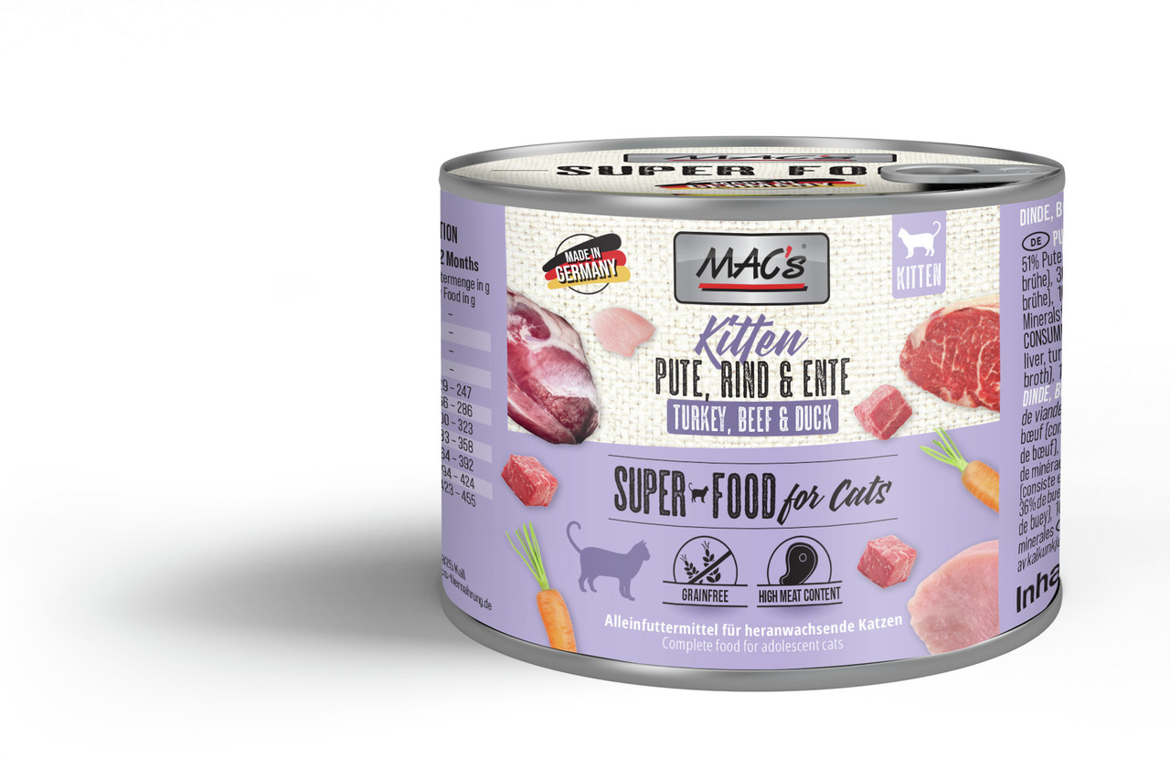 MAC's Katzenfutter Kitten, Pute-Rind-Ente, Alleinfutter, getreidefrei, hoher Fleischanteil, 200 g.