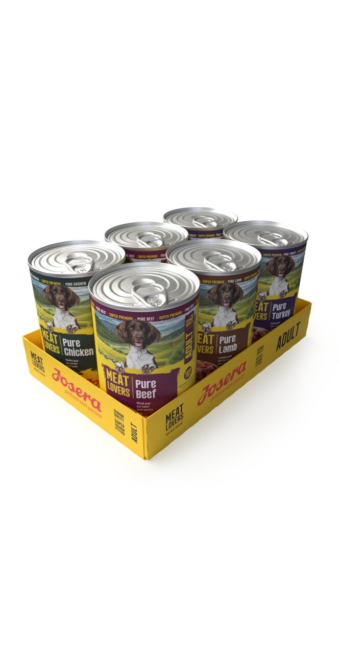 Sechserpack Josera Meat Lovers für Hunde, Geschmacksrichtungen: Huhn, Rind, Lamm, Truthahn. Super Premium, 6 x 400 g.