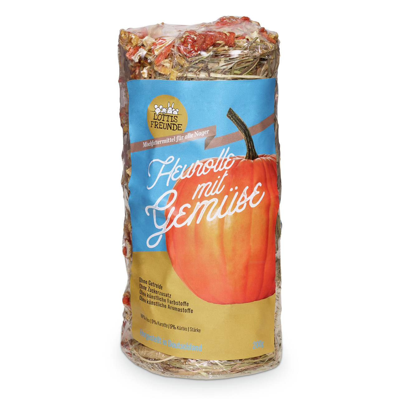 LOTTIS FREUNDE Heurolle mit Gemüse, 200 g, für Nager, ohne Getreide, Zuckerzusatz, künstl. Farb--Aromastoffe, 15 % Karotte, 5 % Kürbis.