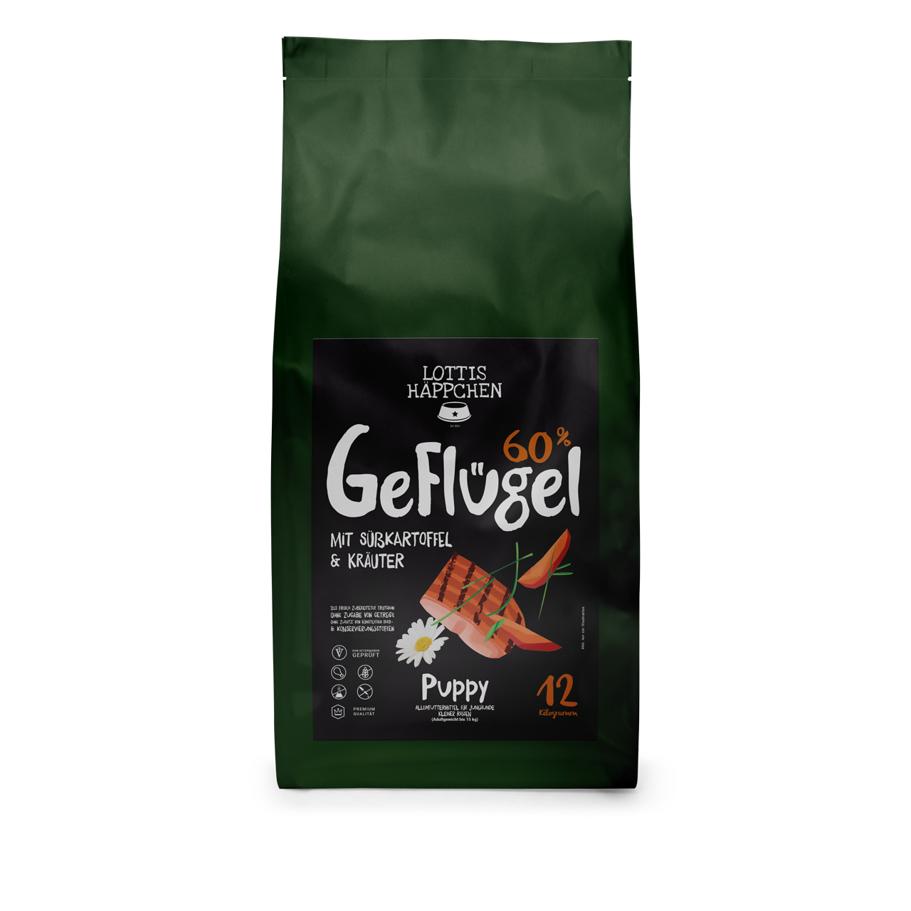 Lottis Häppchen Geflügel 60% für Welpen, 12 kg, mit Süßkartoffel & Kräutern, Alleinfutter, hochwertige Zutaten, ausgewogene Ernährung.