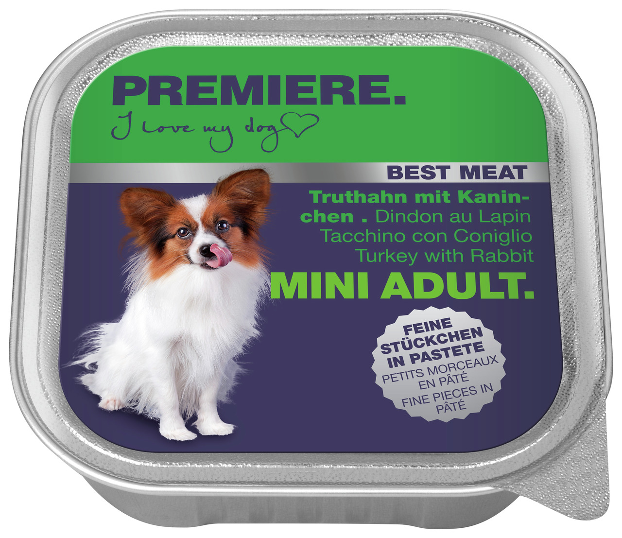 Das Bild zeigt eine Verpackung des Hundefutters "PREMIERE Best Meat Mini Adult" mit Truthahn und Kaninchen in Pastete. Zielgruppe sind ausgewachsene Hunde kleiner Rassen. Die Verpackung enthält 150 g und zeigt einen kleinen Hund mit weiß-braunem Fell. Wer