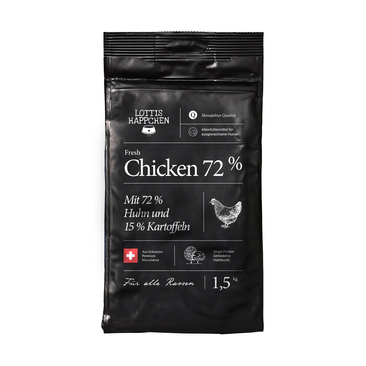 LOTTIS HÄPPCHEN Hundefutter, 1,5 kg, für alle Rassen, Geschmack Huhn, mit 72 % Huhn und 15 % Kartoffeln, getreidefrei.