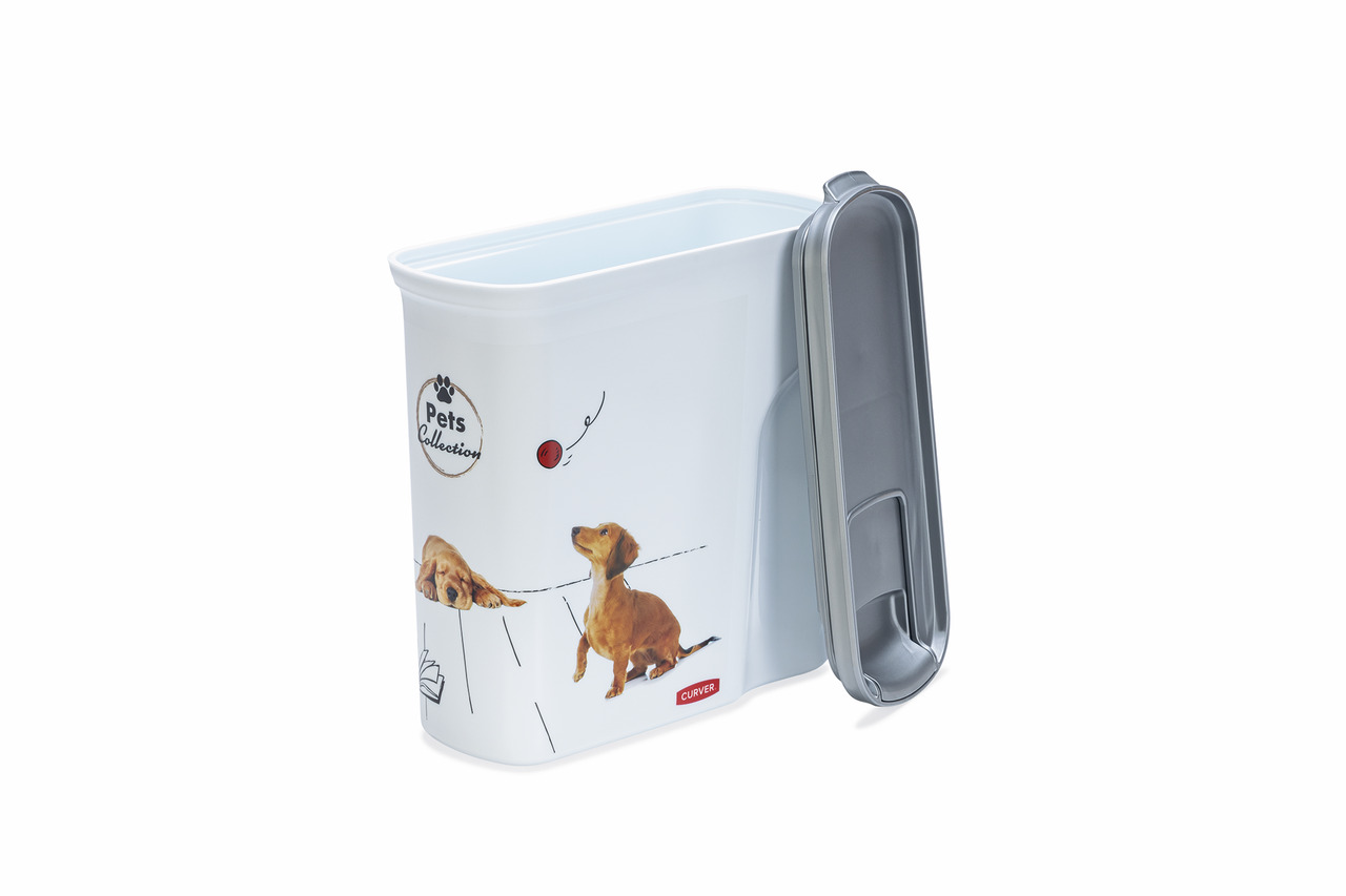 Curver Futterbehälter, 12L, für Hunde, weiß mit Hundemotiven, grauer Deckel, praktische Öffnung, aus der „Pets Collection“.