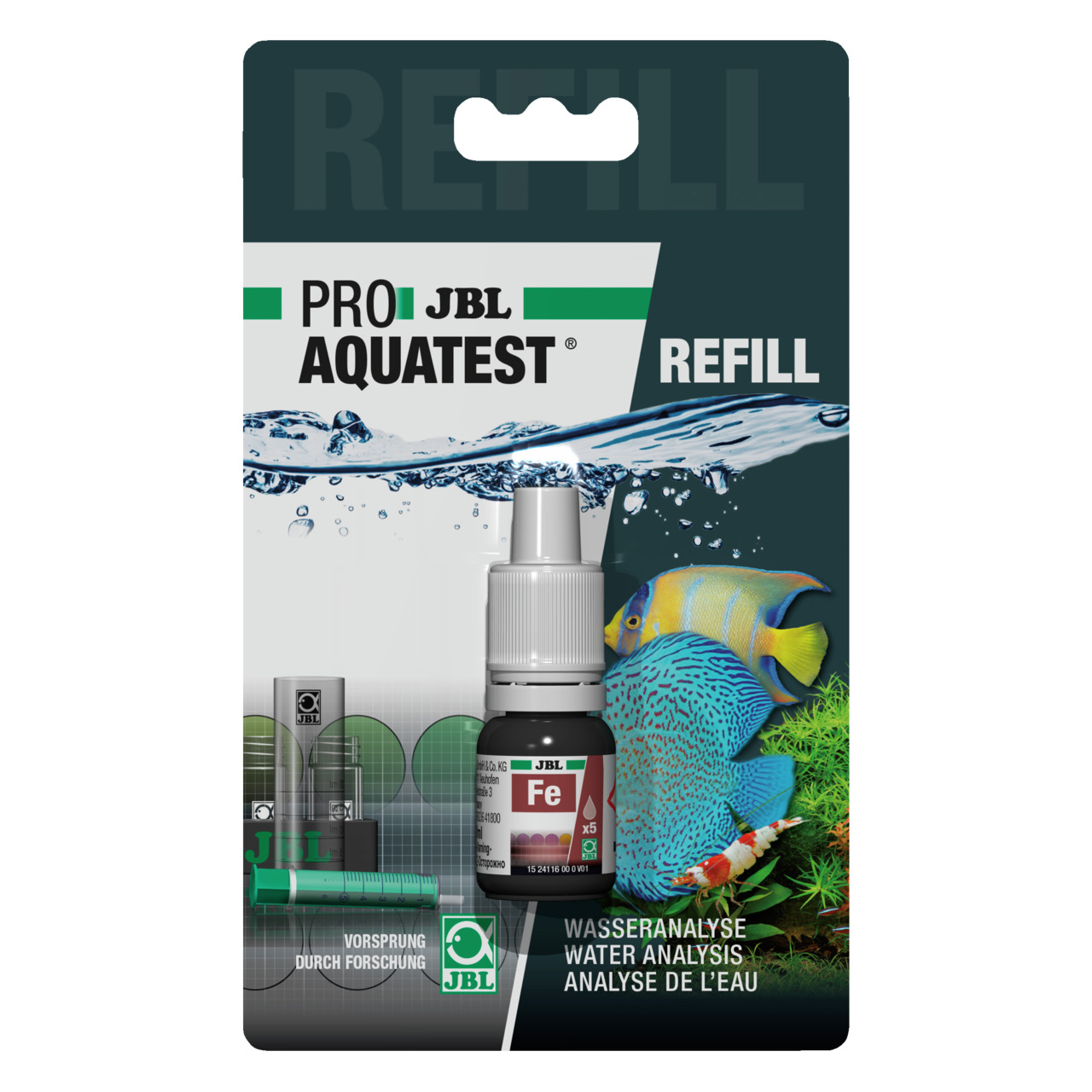 JBL PROAQUATEST Fe Refill, Nachfüllpackung Eisen-Test f. Aquarienbesitzer, Wasseranalyse, inkl. Testflüssigkeit, bunte Fische+Pflanzen.