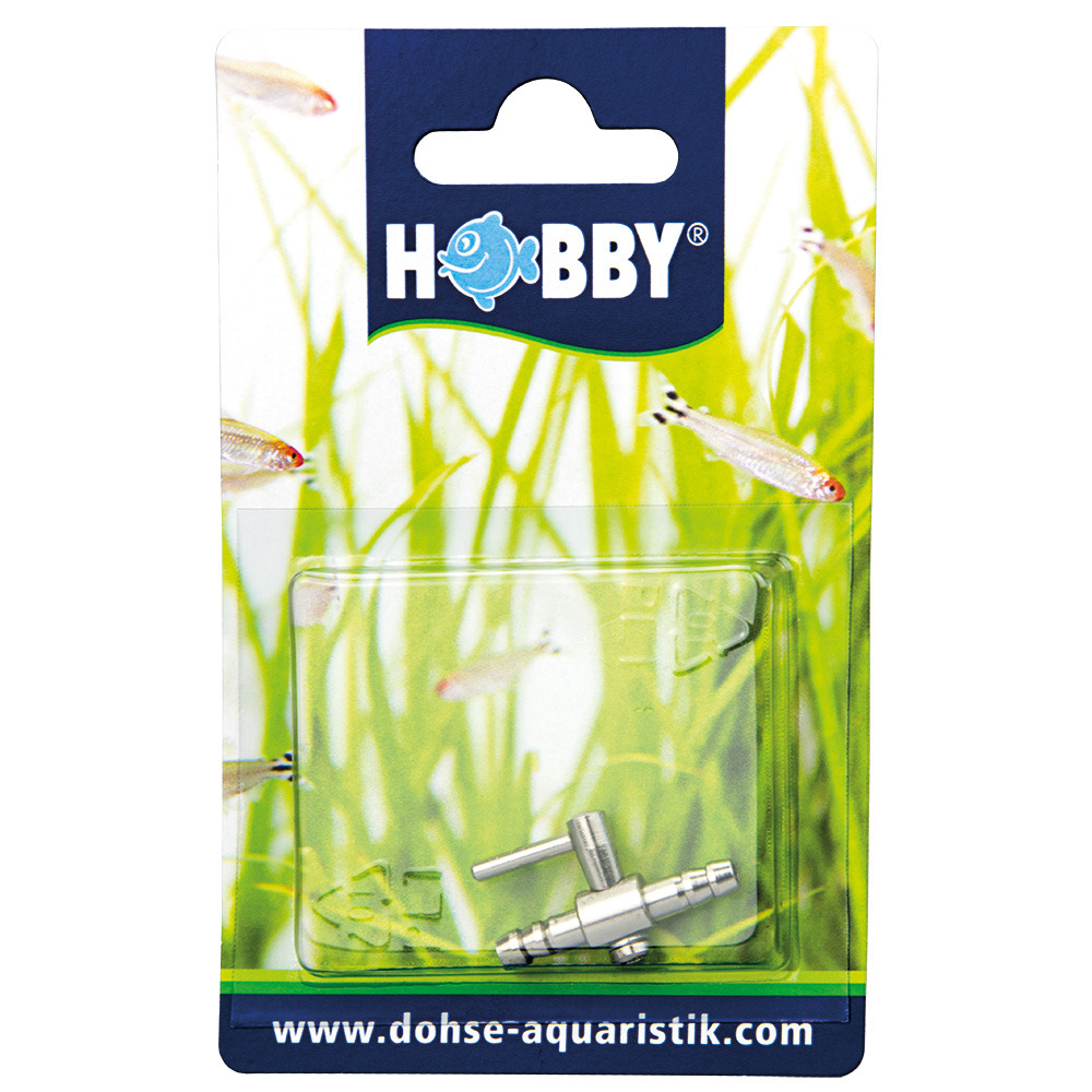 Das Bild zeigt das Produkt "Hobby Edelstahl-Luftregulierventil" der Marke HOBBY, geeignet für Aquaristik-Enthusiasten. Es handelt sich um ein präzises Ventil zur Regulierung des Luftstroms in Aquarien. Die Verpackung enthält ein einzelnes Ventil aus robus