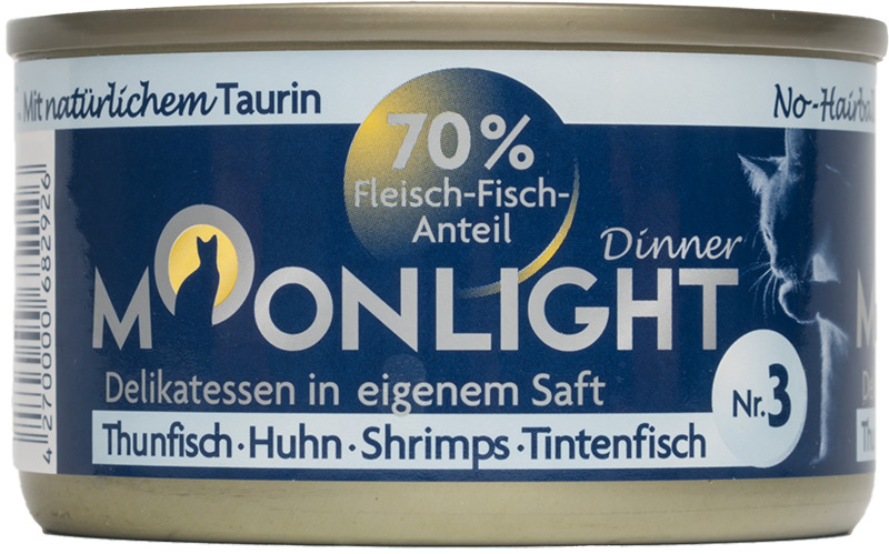 Sparpaket 48 x 80 g Moonlight Dinner Nr. 3 Thunfisch, Huhn, Shrimps und Tintenfisch in eigenem Saft Katzen Nassfutter
