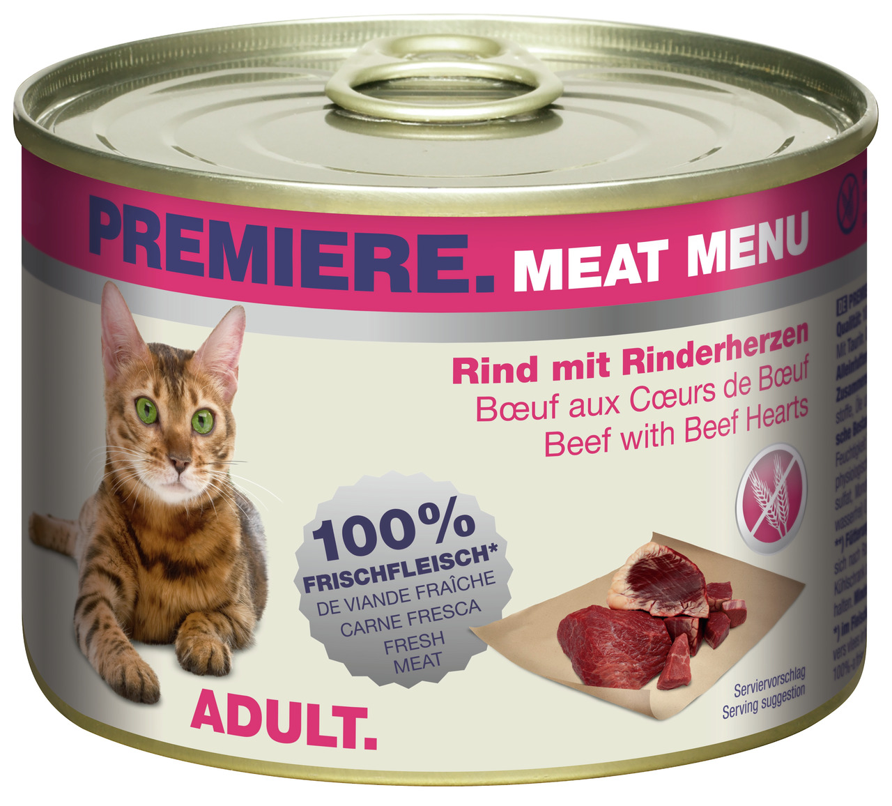 PREMIERE MEAT MENU, Rind m. Rinderherzen, 100 % Frischfleisch, 400 g, f. erwachsene Katzen, Bengal-Katze u. Fleischabbildung.