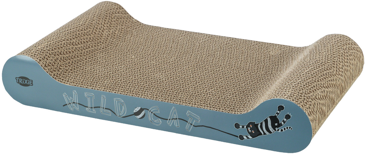 Kratzbrett von TRIXIE, Modell „Wild Cat“, aus Wellpappe für Katzen. Zielgruppe: Katzen jeden Alters. Ideal zum Kratzen und Spielen. Design mit Katzengrafik und Schriftzug. Maße und Menge: Ein einzelnes Kratzbrett, Größe auf dem Bild ersichtlich. Nachhalti