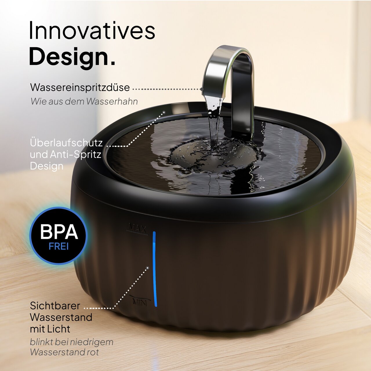 PRETTY PAW Trinkbrunnen, Katzen & kl. Hunde, schwarz, modernes Design, BPA-frei, LED-Anzeige, Überlaufschutz, Anti-Spritz, Wasserhahn-Effekt.