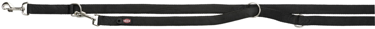 Schwarze, verstellbare Führleine von TRIXIE für Hunde, geeignet für alle Hunderassen. Die Leine besteht aus robustem Nylonmaterial, verfügt über stabile Metallkarabiner und mehrere Befestigungsringe für flexible Längenanpassung. Ideal für Spaziergänge und