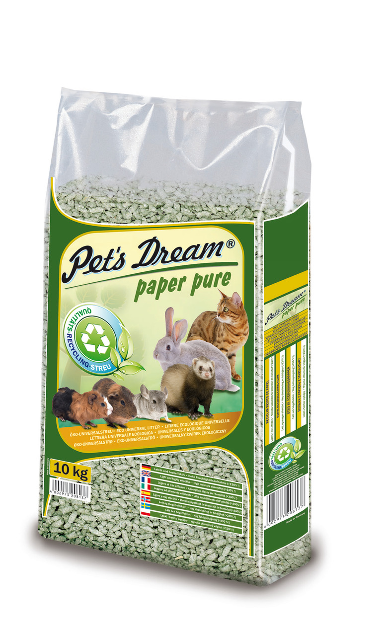 Pet's Dream Paper Pure, 10 kg, für Kaninchen, Meerschweinchen, Frettchen & Katzen, recyceltes Papier, umweltfreundlich, universell.