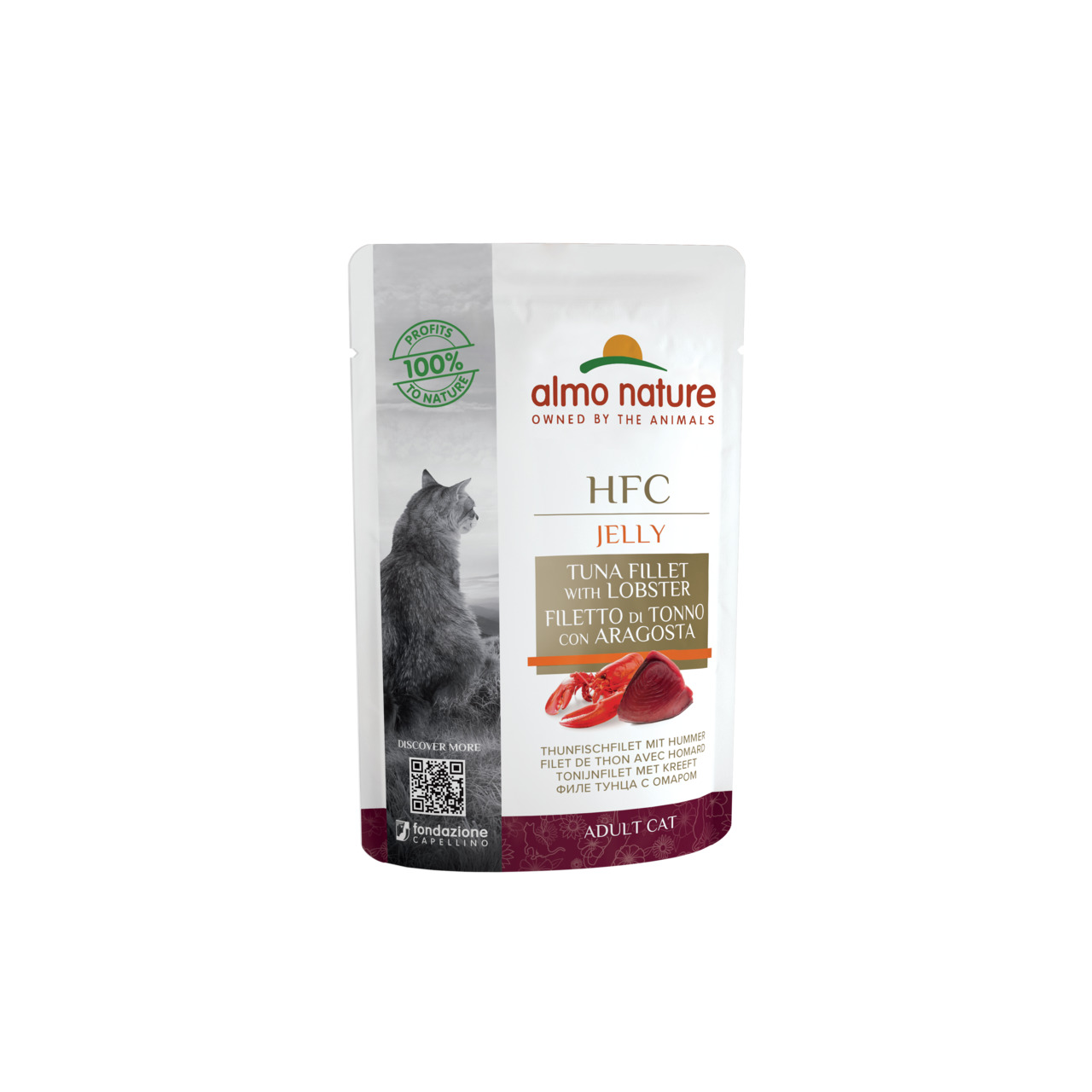 Almo Nature HFC Jelly Thunfischfilet mit Hummer, für ausgewachsene Katzen, 70 g, 100 % natürliche Zutaten.