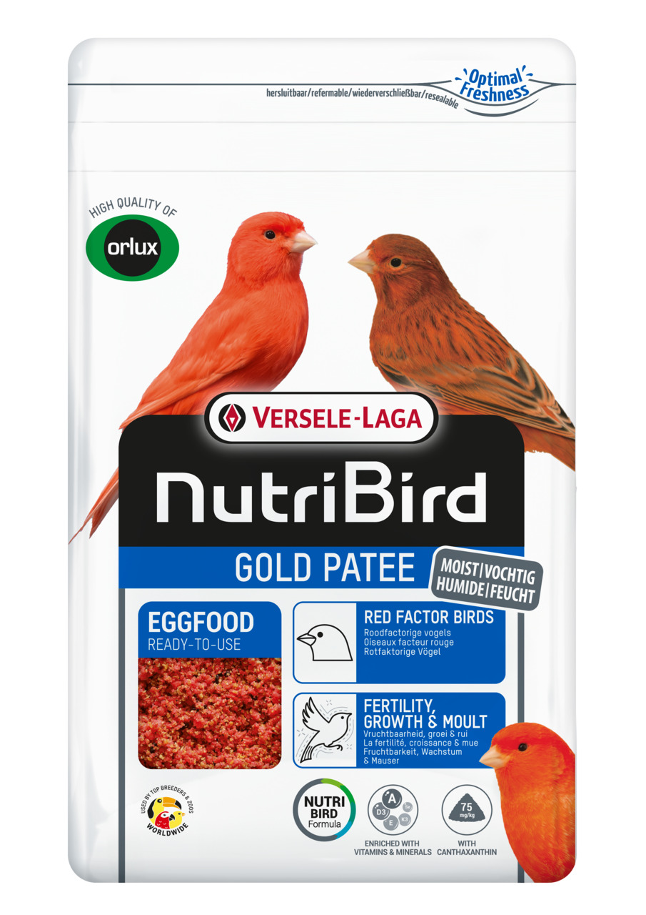 Versele-Laga NutriBird Gold Patee, feuchtes Eifutter f. Rotfaktor-Vögel, 1 kg, wiederverschließbar, mit Vitaminen u. Canthaxanthin.